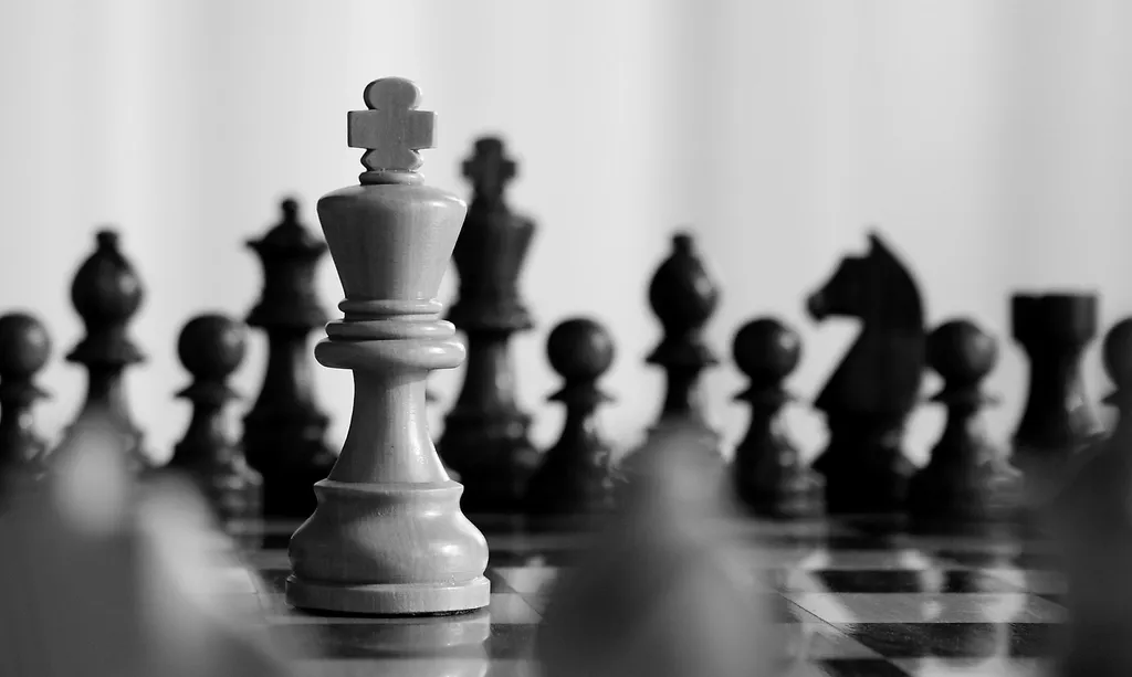 Black and white chess pieces, the white king in focus